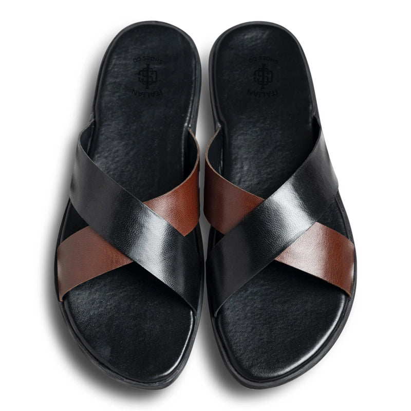 Cross Style Premium Solid Leather Black / Brown Slipper