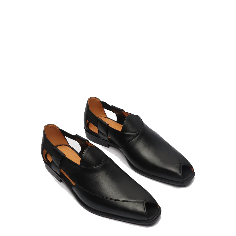 Classic Luxury Slip-On Leather Peshawari Black Sandal