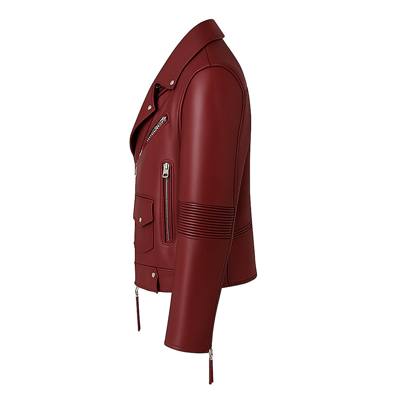Men's Burgundy Leather Biker Jacket with Zippers