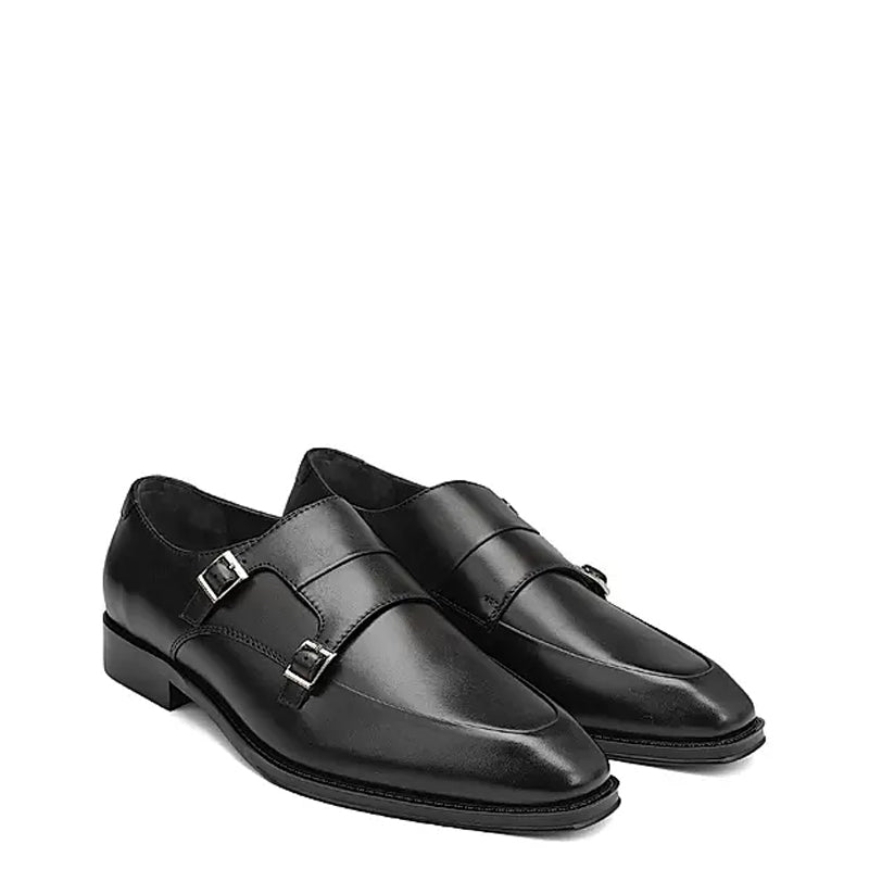 Plain Polished Leather Double Monk Shoe Black