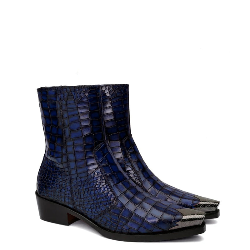 Luxury Croco Print Leather Side-Zipper Boot Black