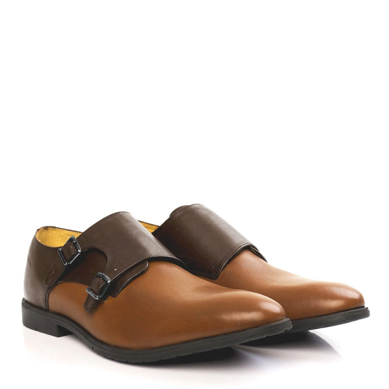 Leather Double Monk Strap Brown and Tan Shoe For Men