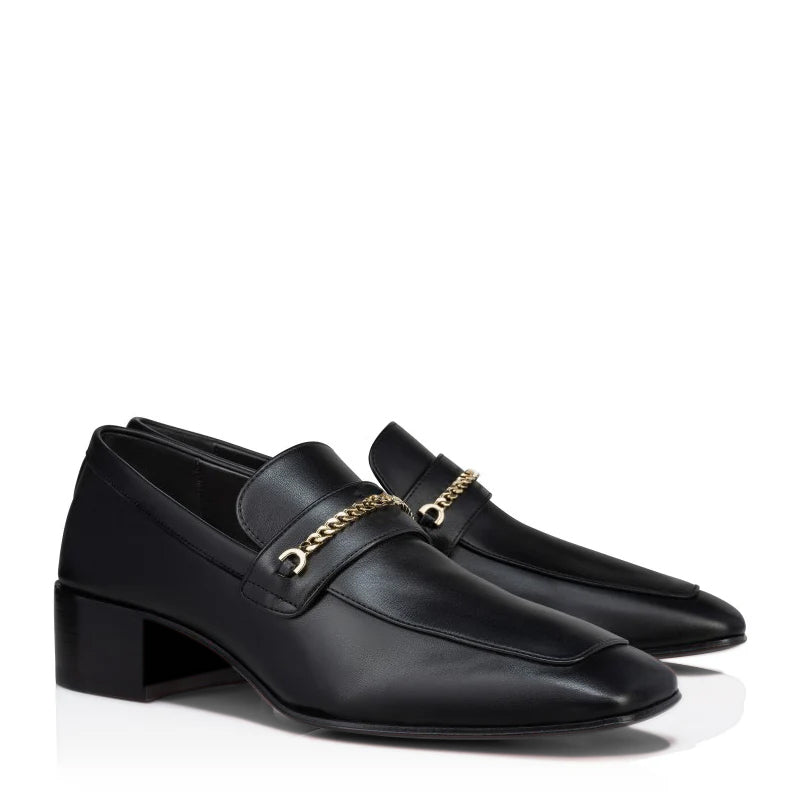 Men Solid Leather Chain Red Sole Loafers