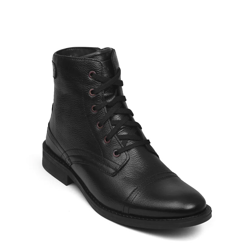 Men Lace-Up Leather Casual High Ankle Boot Black