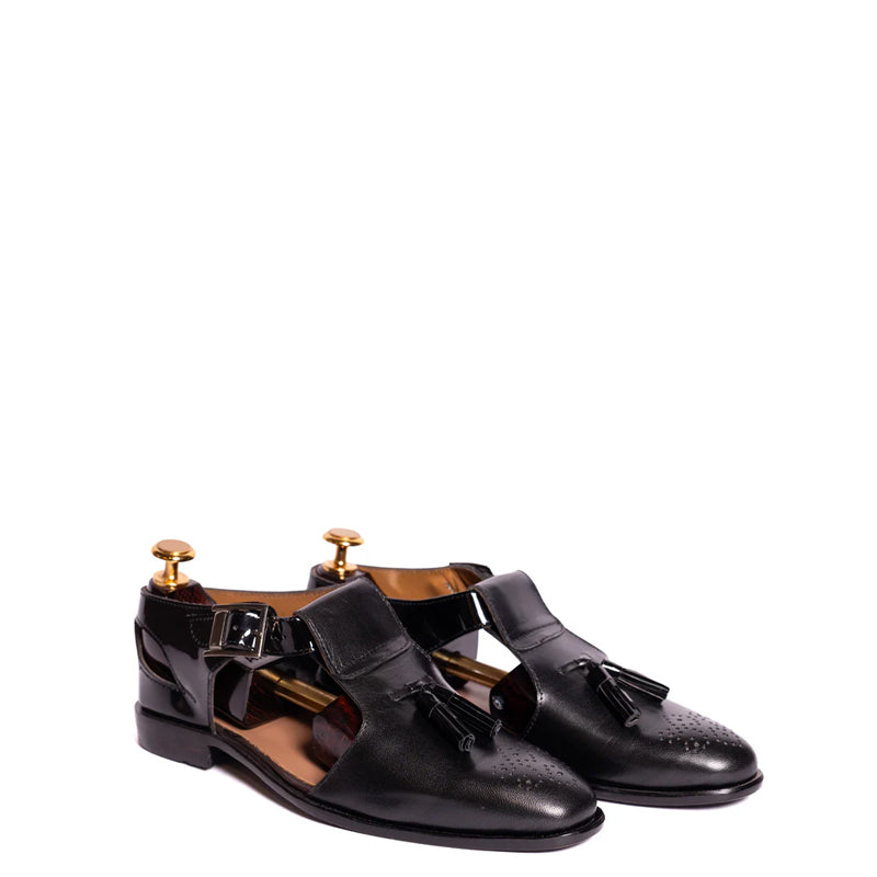 Back Strap Leather Comfort Pathani Black Sandal