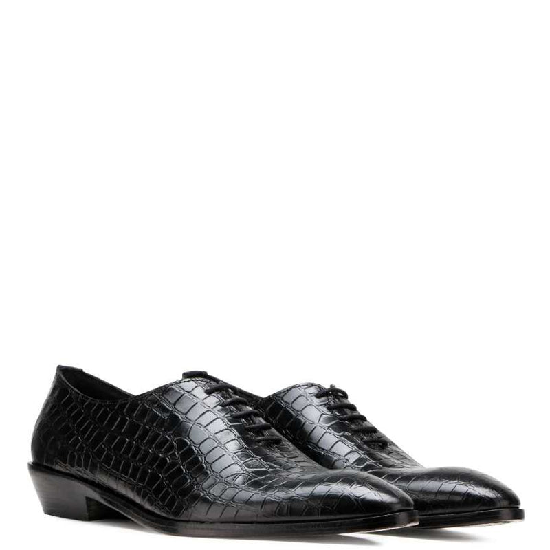Men Handmade Croco Texture Leather Oxford Black Shoe