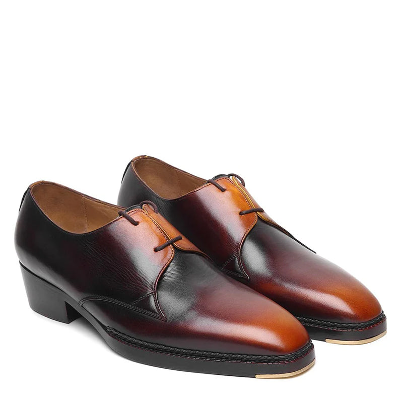 Pure Leather Cuban Heel Formal Derby Shoe Tan/Burgundy/Black
