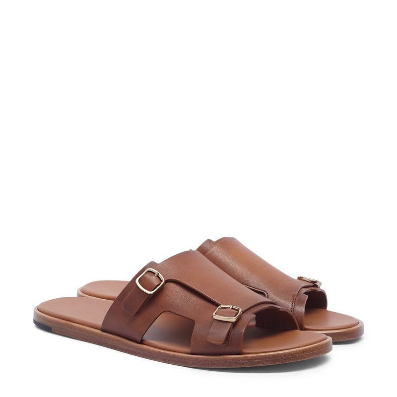 Men Double Buckle Leather Comfort Brown Sandal