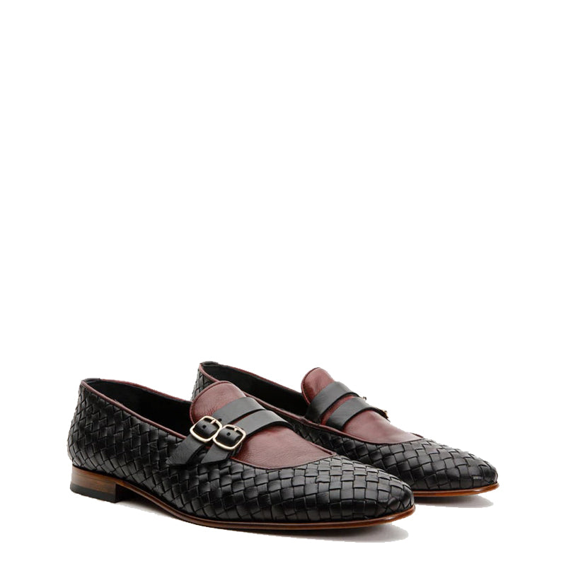 Black Double Monk Strap Woven  Men Shoe