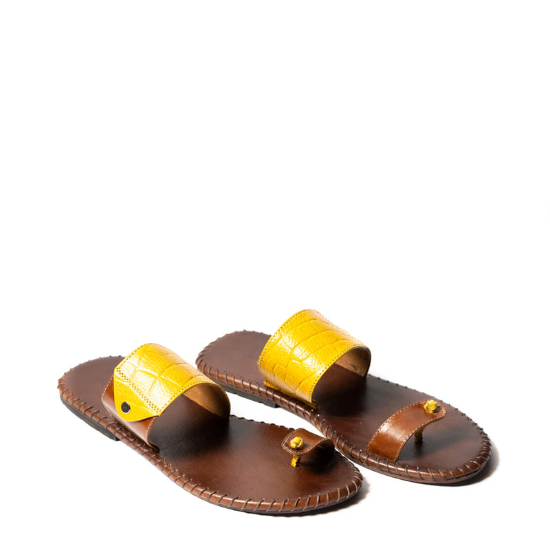 Handmade Comfort Leather Stitch Yellow and Brown Slipper