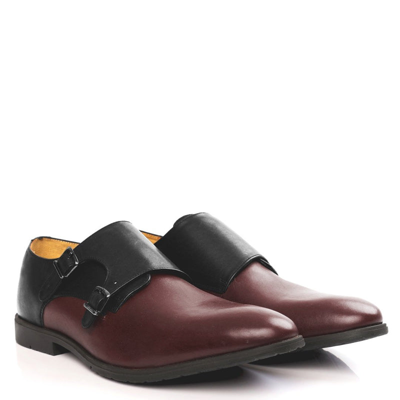 Leather Double Monk Strap Black and Burgundy Shoe For Men