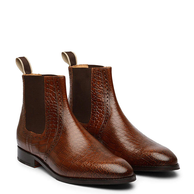 Luxury Design Croco Pure Leather Chelsea Boot Brown