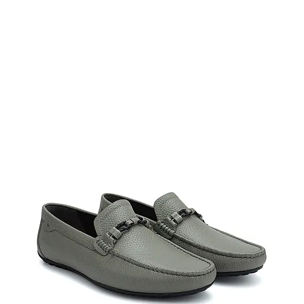 Men Textured Leather Driving Olive Green Loafer
