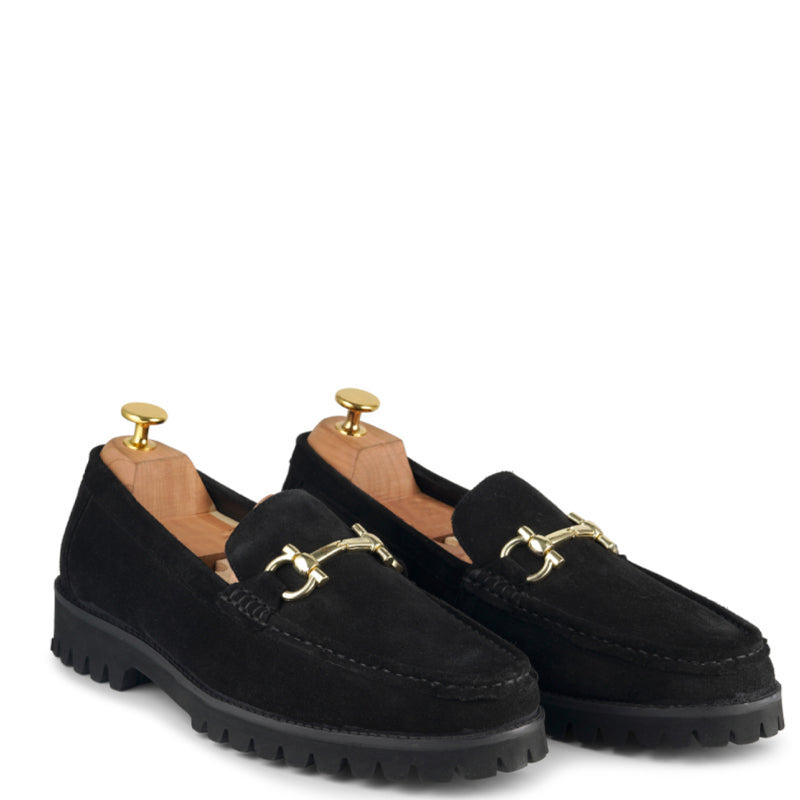 Suede Leather With Horse-bit Buckled Black Loafer