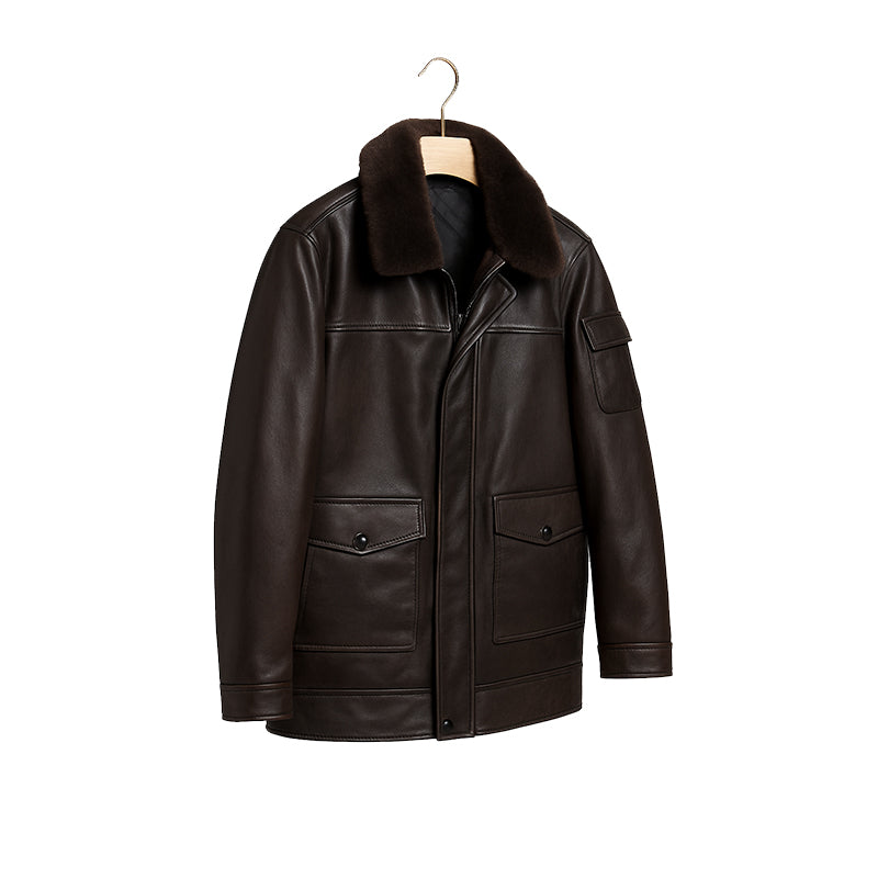 Men's Luxurious Black Front Pocket Jacket with Fur Collar