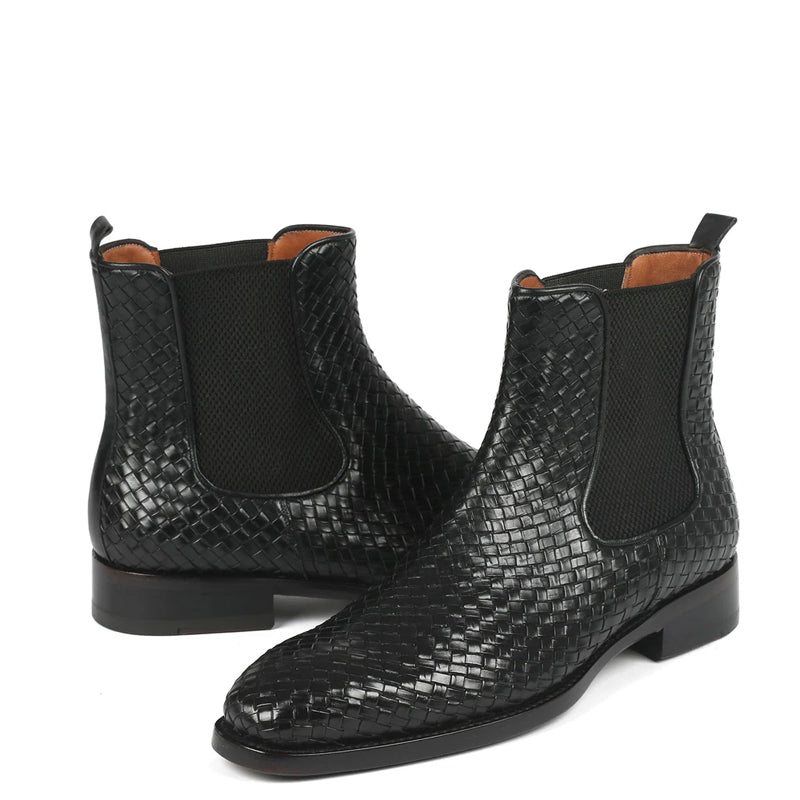 Woven Handmade Shiny Leather Chelsea Black Boot