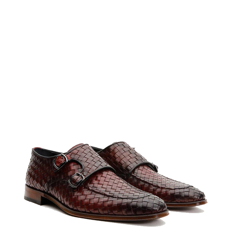 Wine Woven Double Monk Strap Men's Shoes