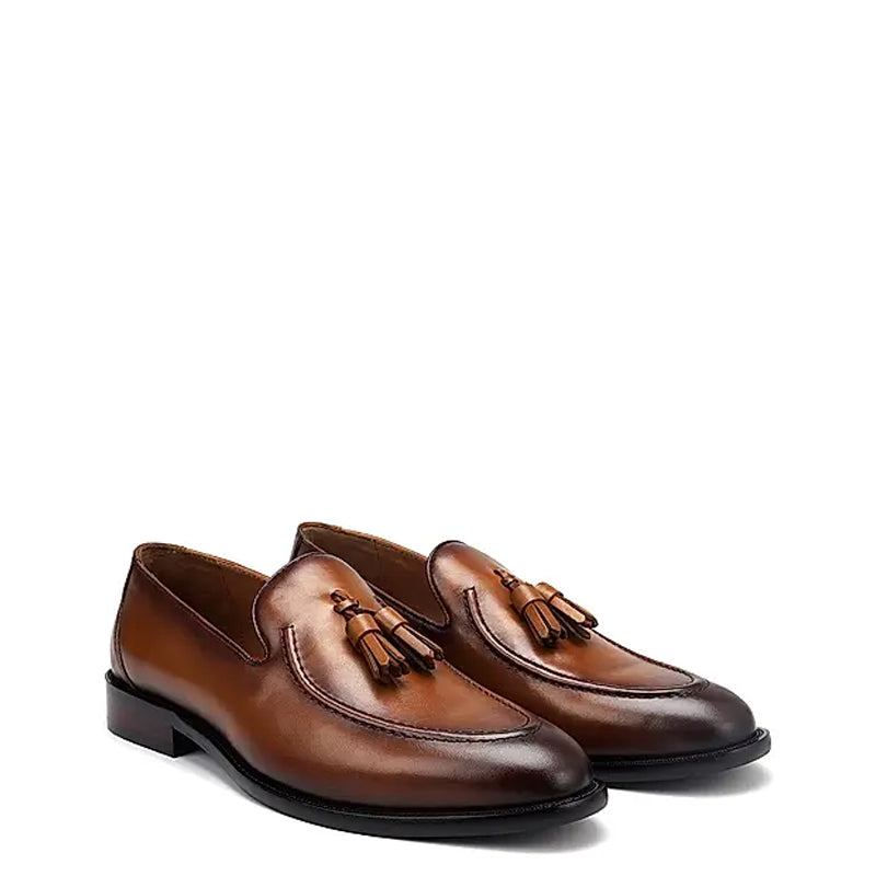 Pure Solid Leather Tassel Tan Loafer