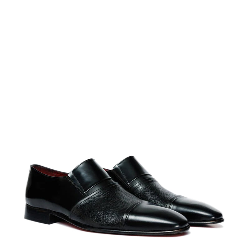 Black Leather Cap Toe Loafer Men Shoe