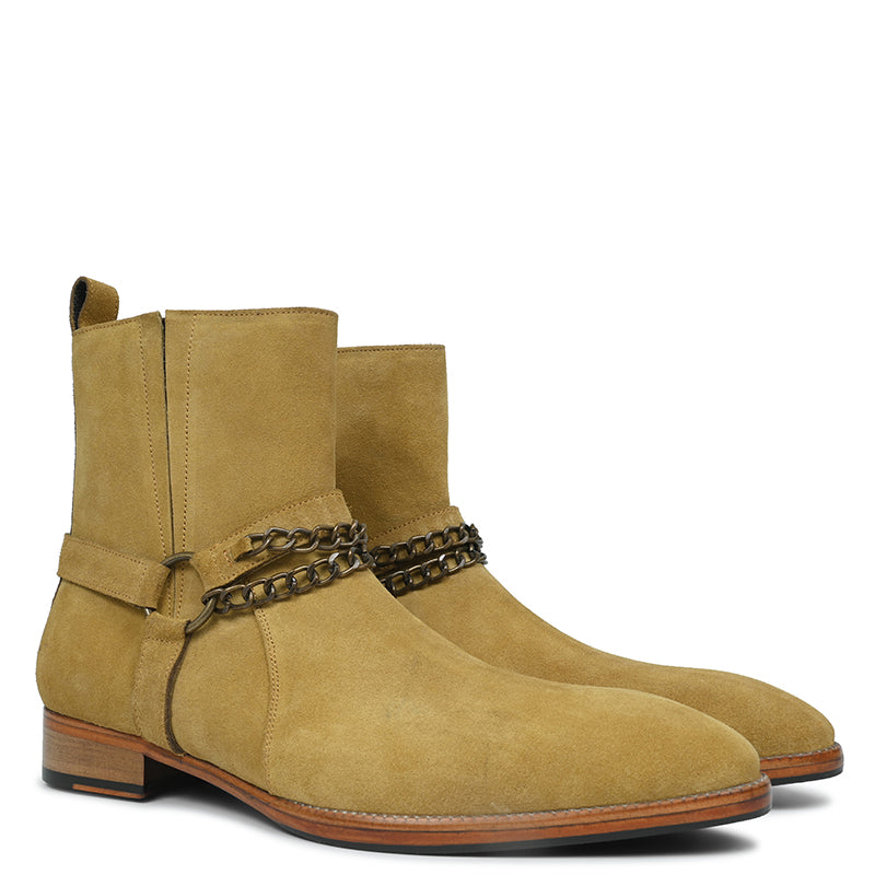 Men's Suede Leather Ankle Boots with Metal Chain