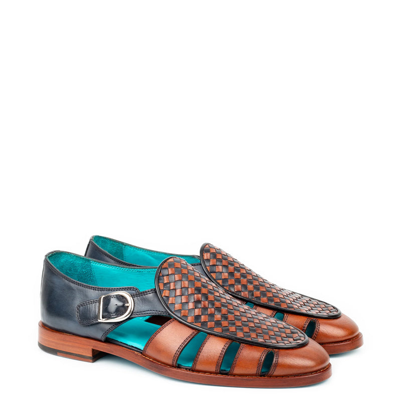 Men Blue/Tan Textured Leather Peshawari Comfort Sandal