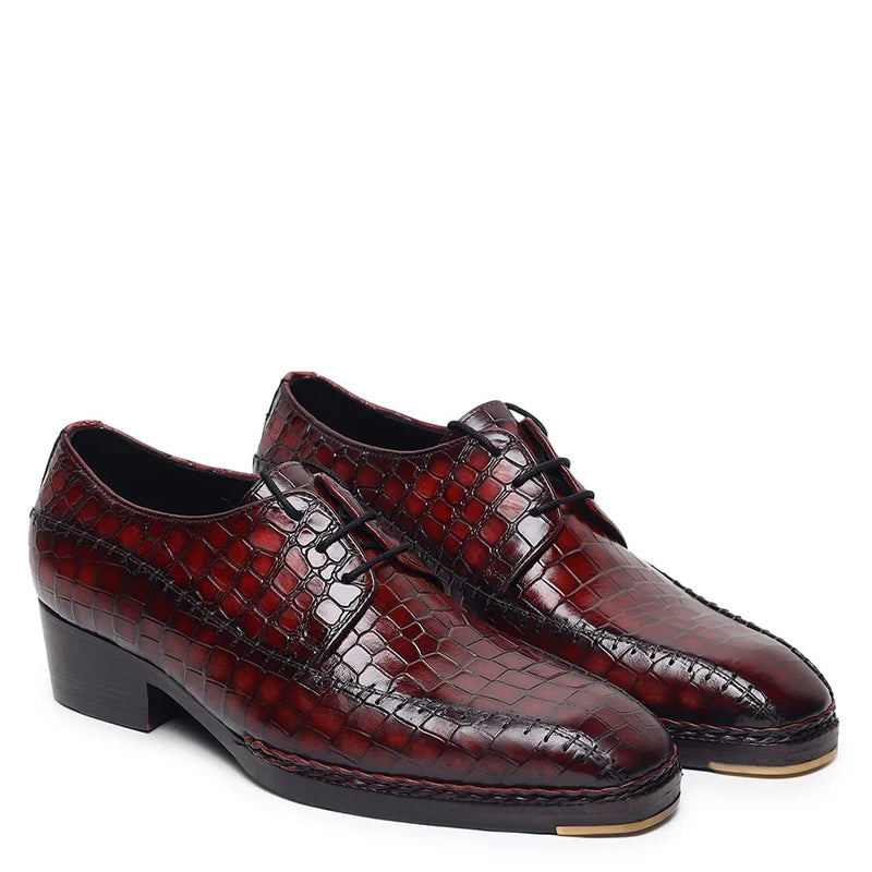 Croco Mirror Glossed Patina Leather Derby Shoe Burgundy