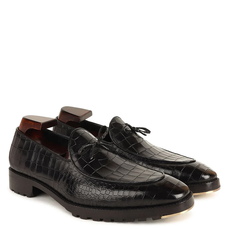 Croco Mirror Glossed Pure Leather Black Loafer