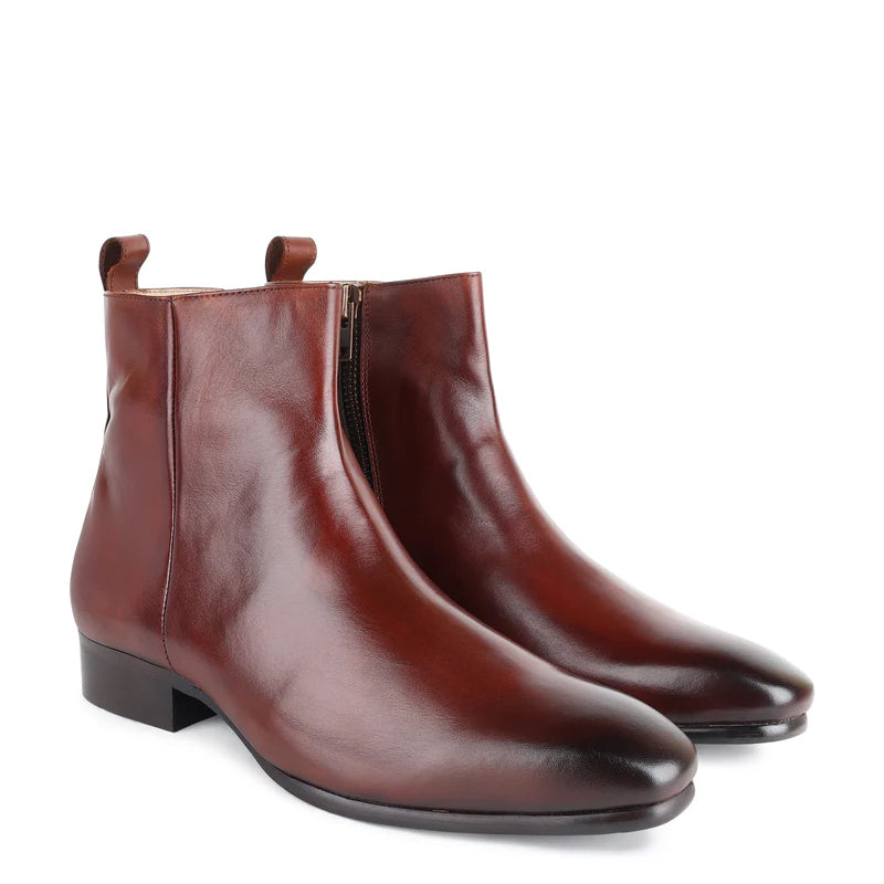 Classic Square Toe Leather Side Zipper Brown Boot