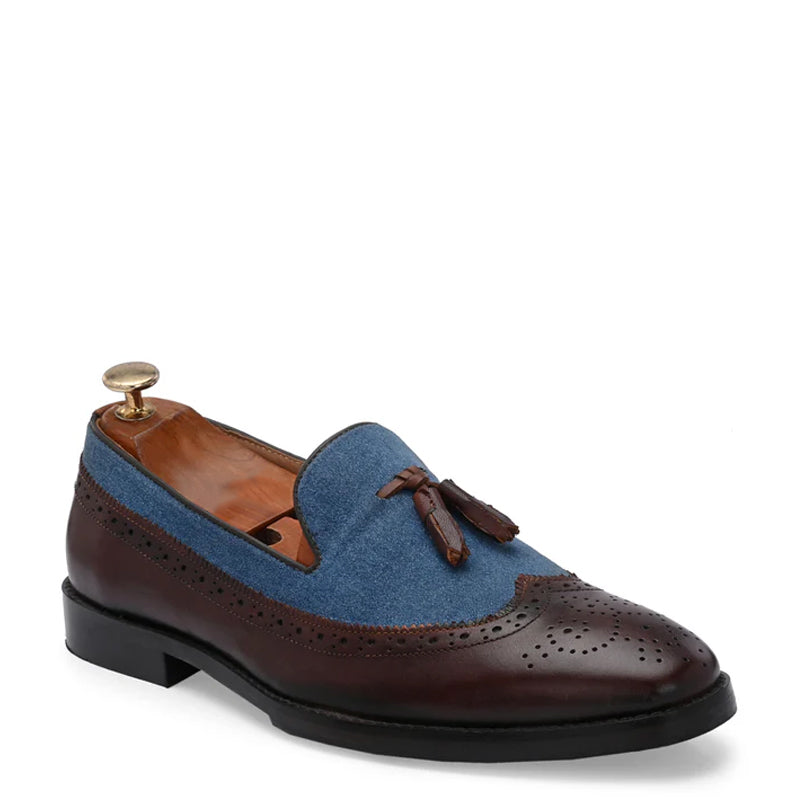 Upper Suede Wingtip Leather Tassel Brown and Blue Loafer