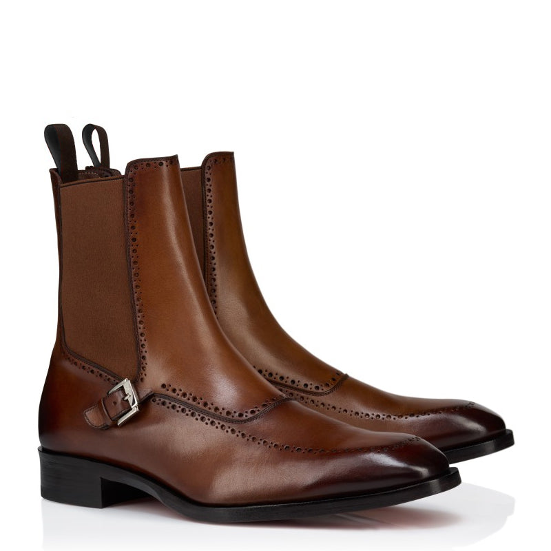 Luxury Chelsea Brown Leather Side Buckle Strap Boot with Brogue Detailing