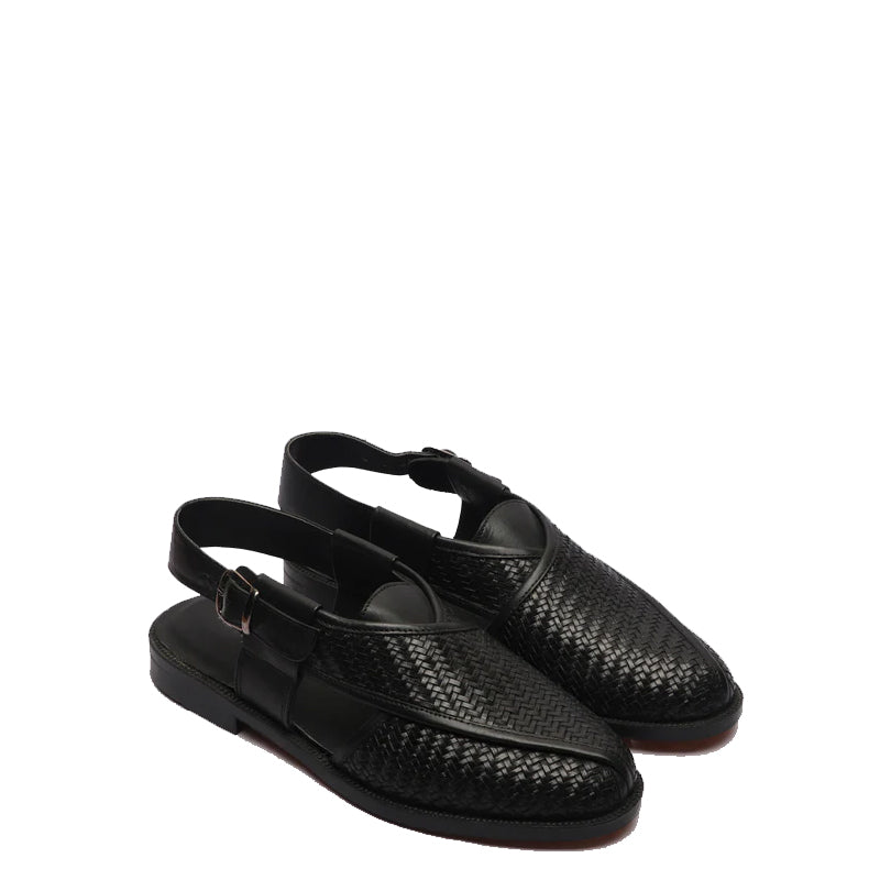 Woven Back Strap Leather Peshawari Black Sandal