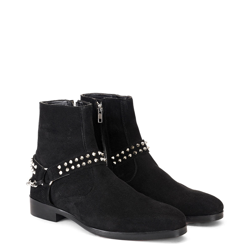 Luxury Spike Stud Velvet Side-Zipper Black Boot With Chain