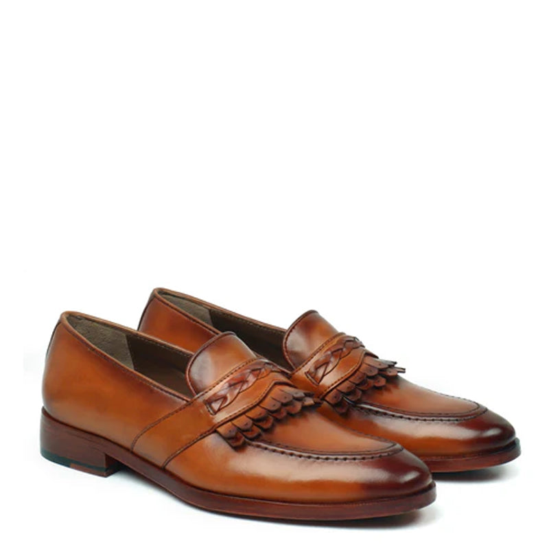 Pure Handmade Solid Tan Leather Loafer With Fringe