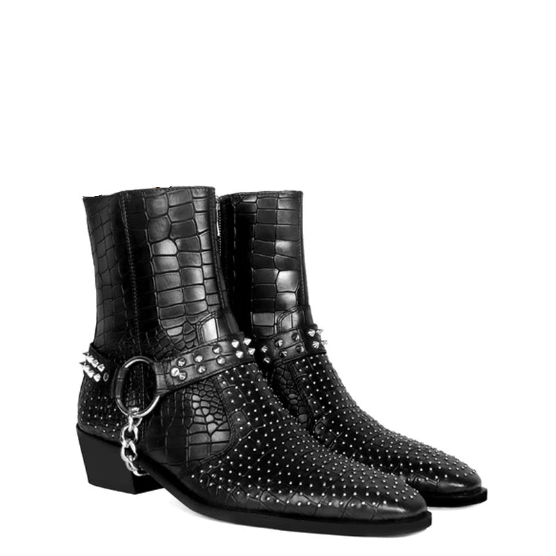 Croco With Silver Studded Buckle Side-Zipper Chain Boots