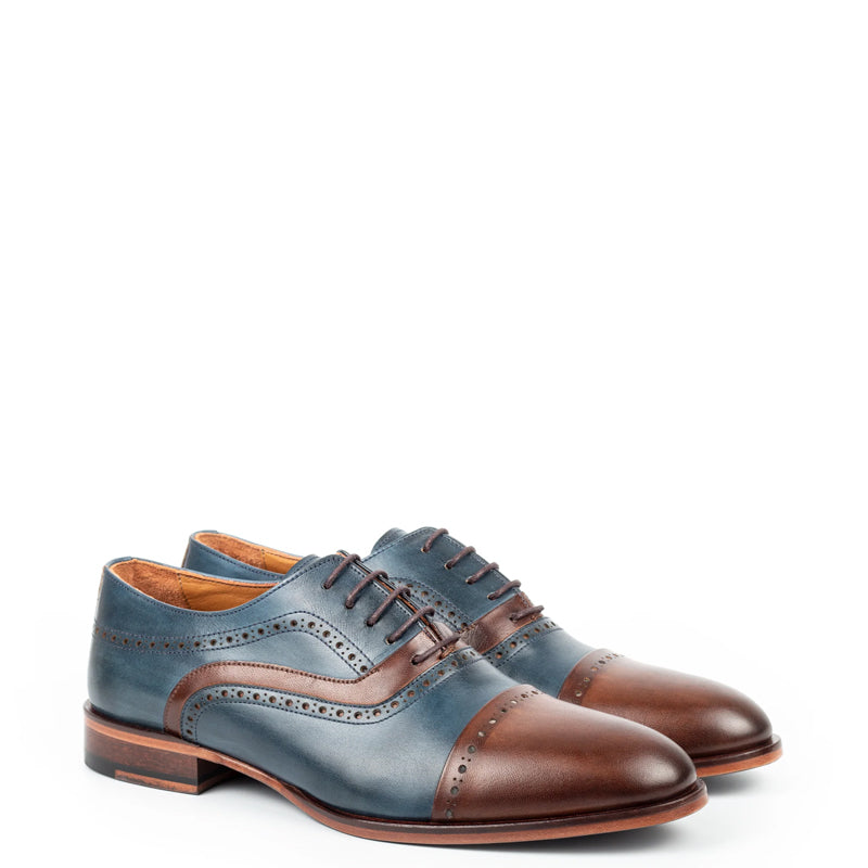 Classic Handpainted Cap-Toe Leather Blue/Brown Oxford Shoe