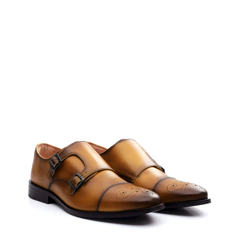 Premium ToeCap Double Monk Strap Tan Leather Shoe