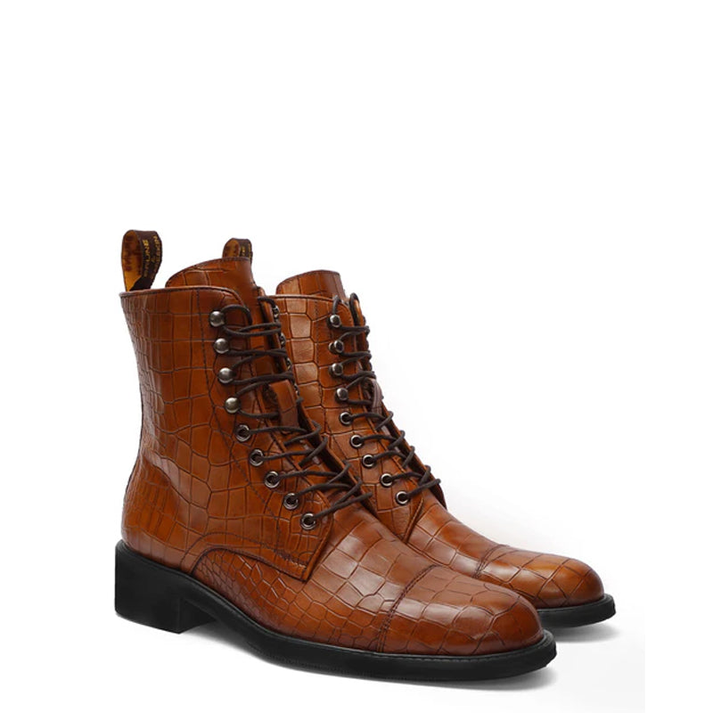 Croco Leather Lace-Up High Ankle Boot Tan