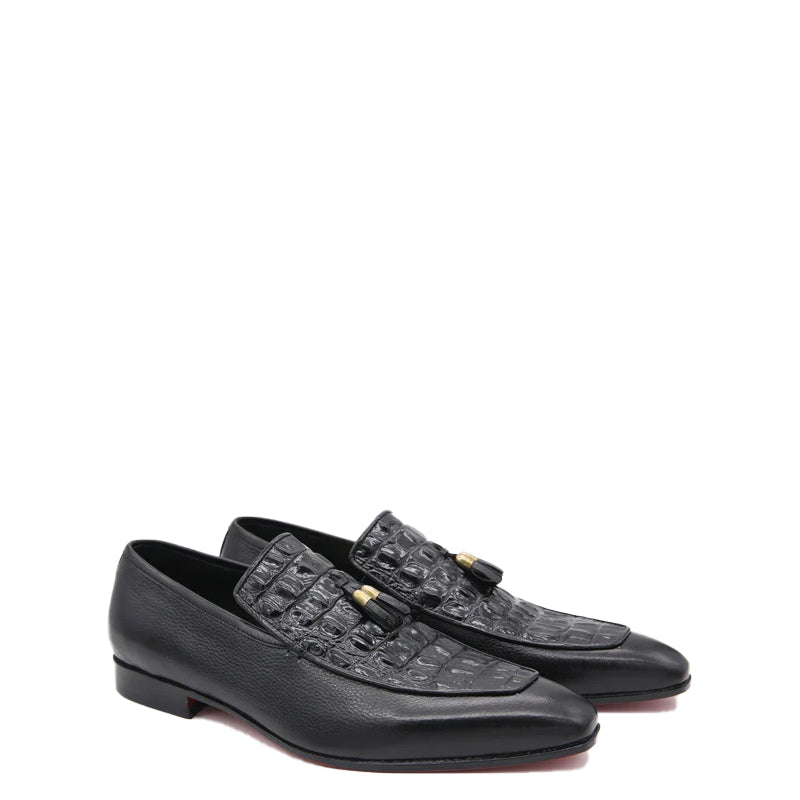 Croco Print Leather Tassel Black Loafer For Men