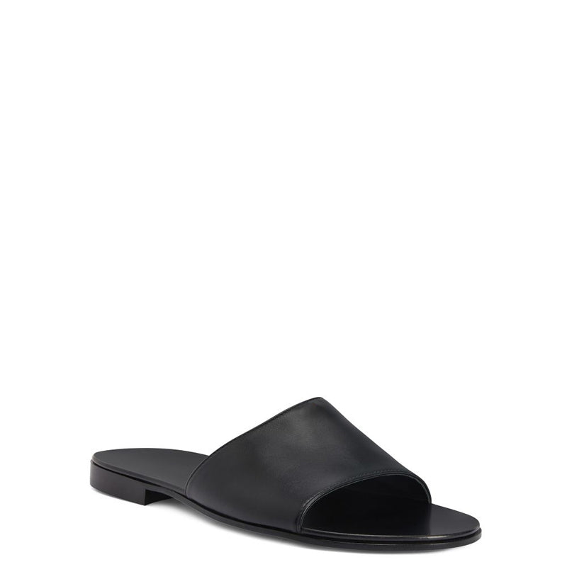 Plain Open Toe Flats Leather Black Slide