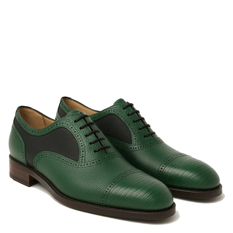 Luxury Leather Lace Up Green & Black Dual Textured Oxford Shoes