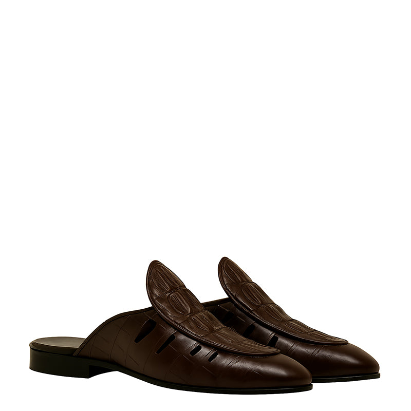 Luxury Choco Brown Crocodile-Textured Mule