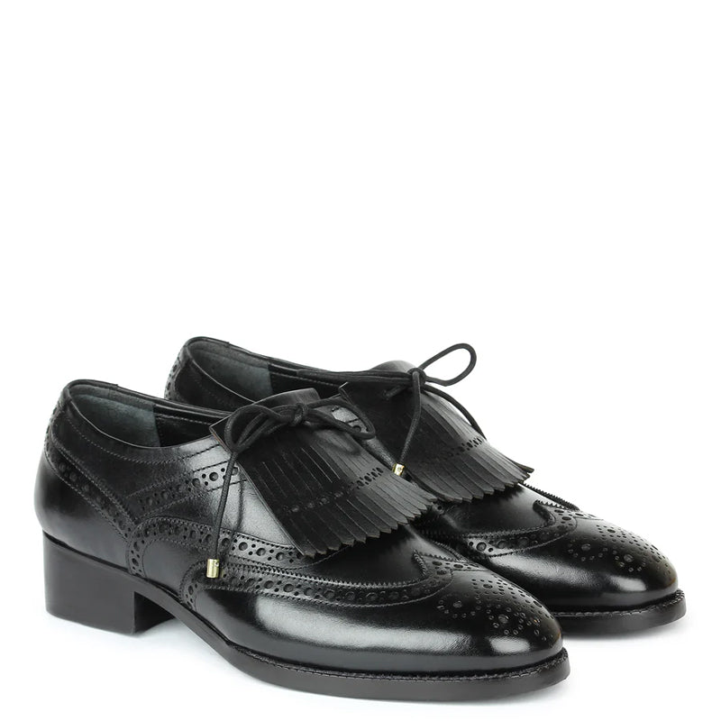 Wingtip Leather Fringed Design Oxford Shoes Black