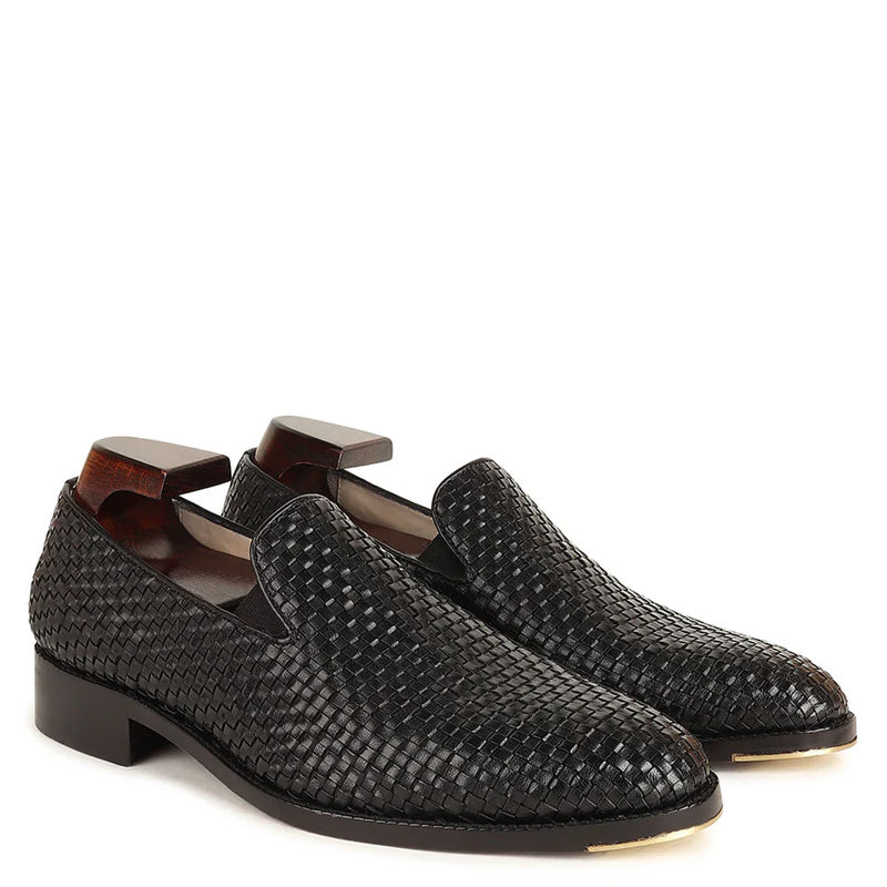 Men Classic Woven Black Leather Loafer