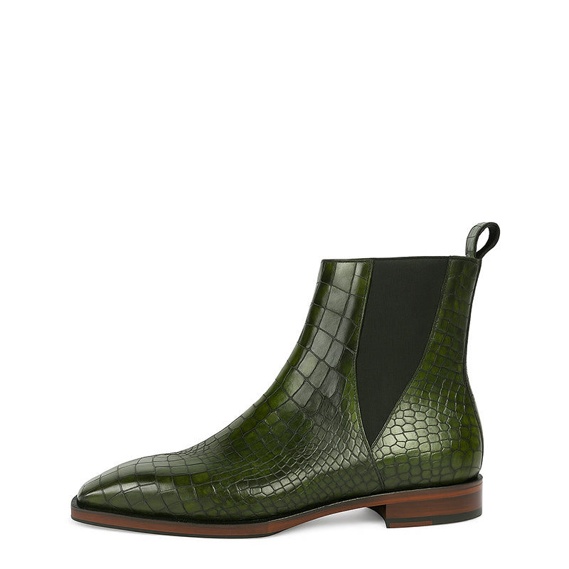 Men's Croco Leather Green Chelsea Boots