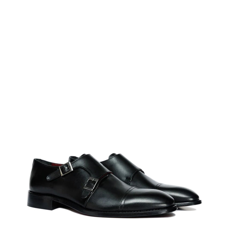 Black Leather Cap Toe Double Monk Strap Men Shoe
