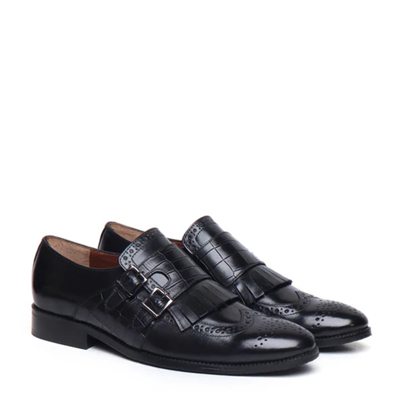 Croco Textured Double Monk Black Shoe with Fringes
