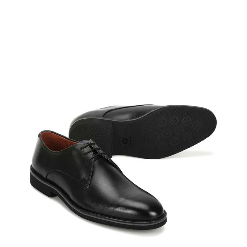 Men Lace-Up Leather Plain Toe Derby Black Shoe
