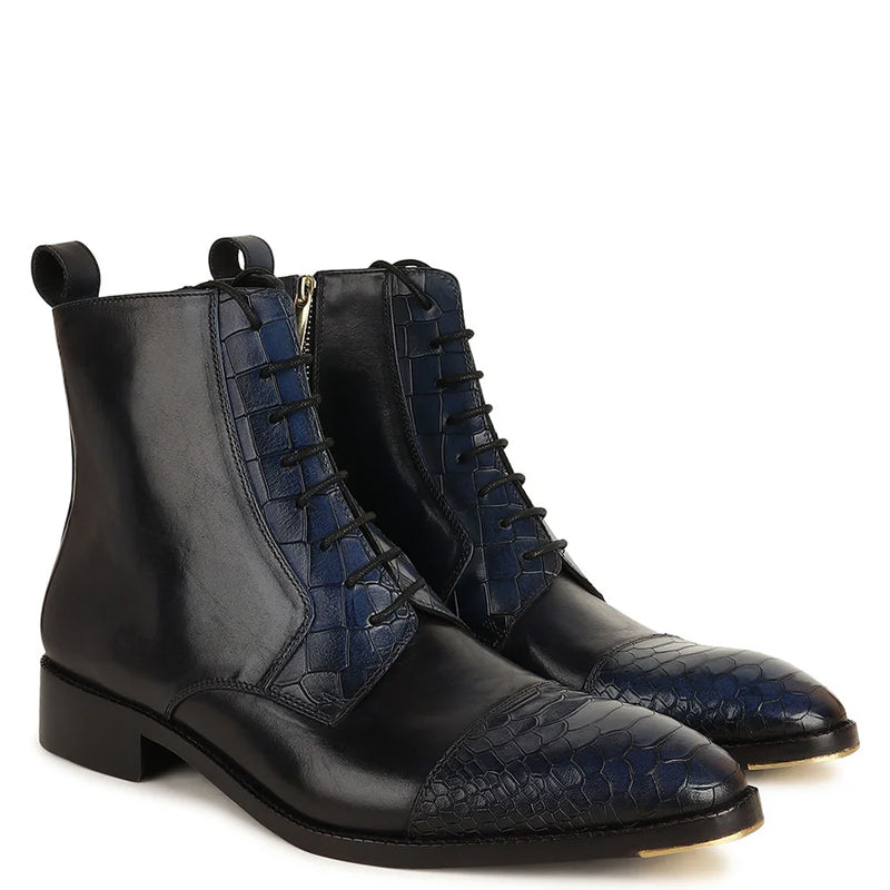 Luxury Croco Leather Cap-Toe Side-Zipper Boot Black & Blue