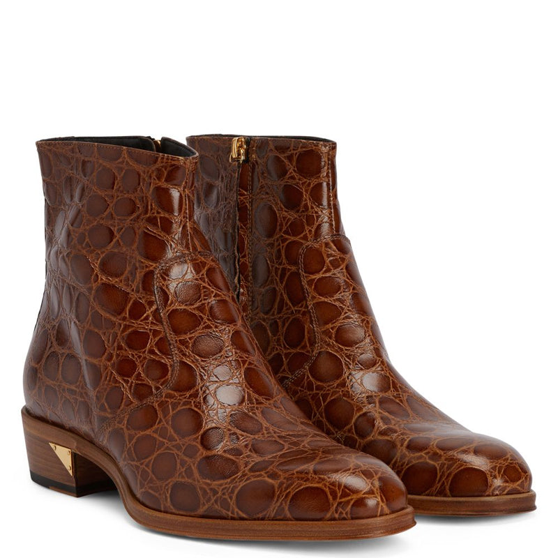Croco Print Leather Chelsea High Ankle Brown Boot
