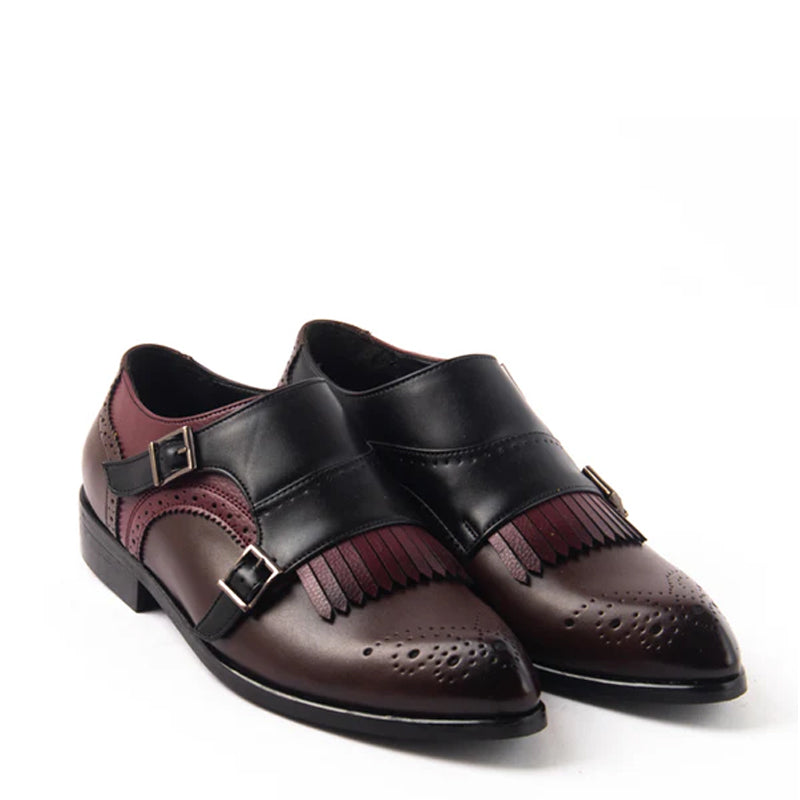 Classic Double Monk Strap Brown/Black/Burgundy Shoe With Fringe